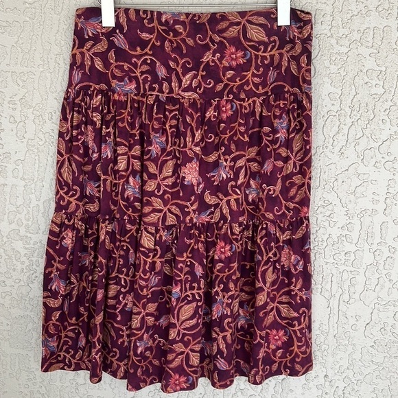 Chaps Burgundy Floral Print 100% Cotton Stretch Full Tiered Midi Skirt - Picture 5 of 8
